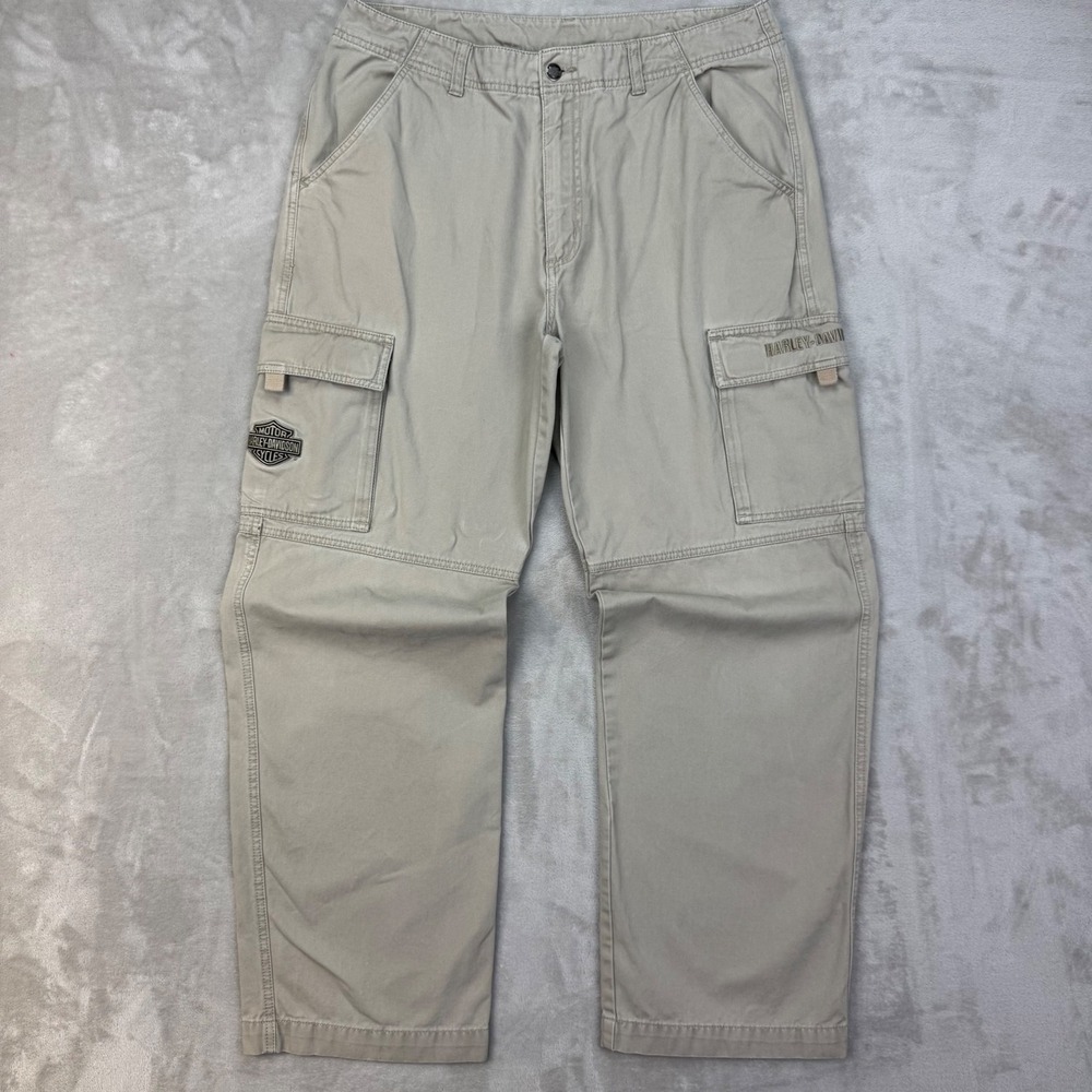 Harley Davidson Baggy Cargo Pants Mens 34x32 Beige Relaxed Utility Y2K 2000s
